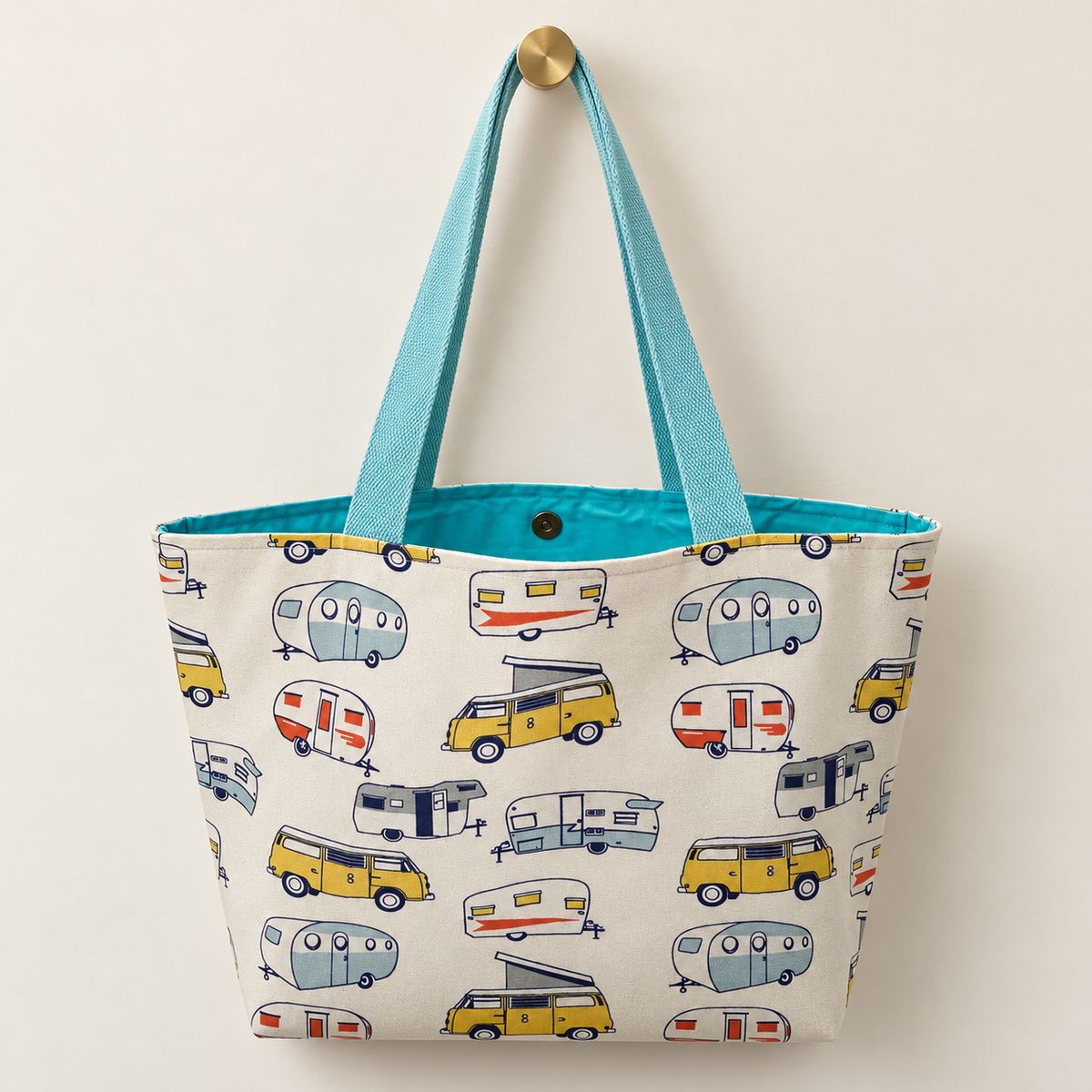 Happy Glamper Weekender Tote with turquoise lining and aqua handles