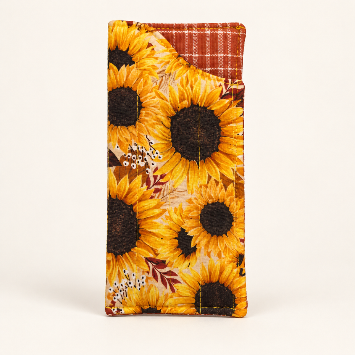Hello Sunshine quilted glasses case with Rust Grid lining