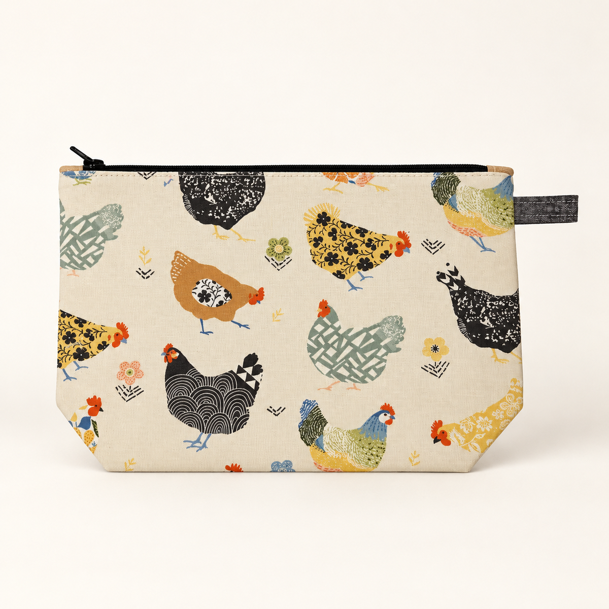 Hen Party chicken print cotton pouch with black zipper, flat view