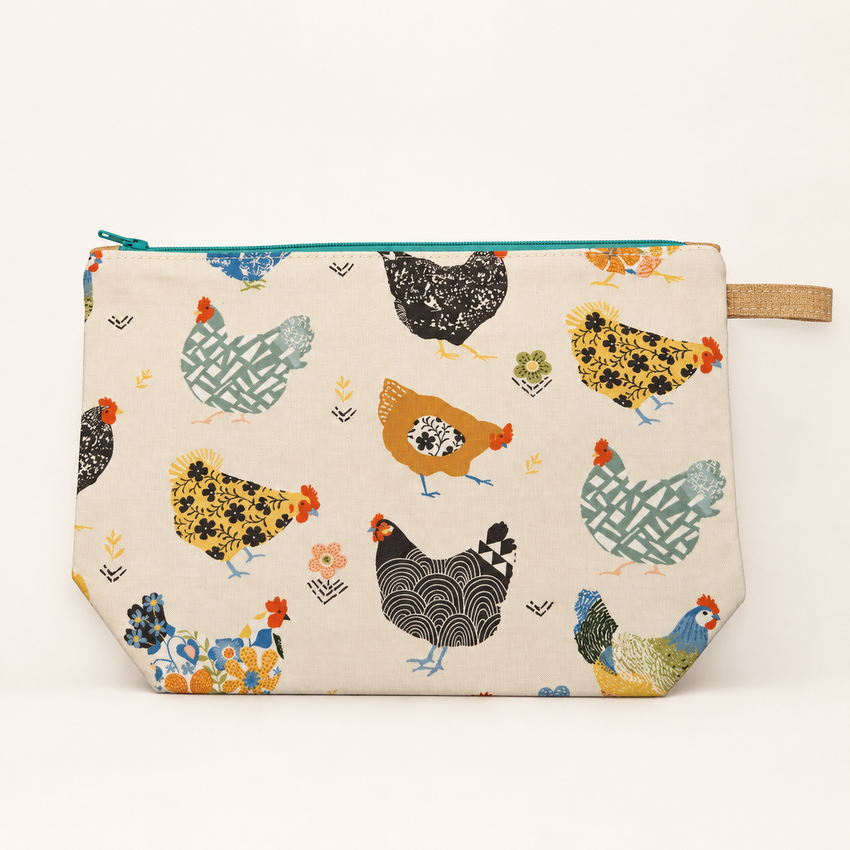 Hen Party chicken print cotton pouch with teal zipper, flat view