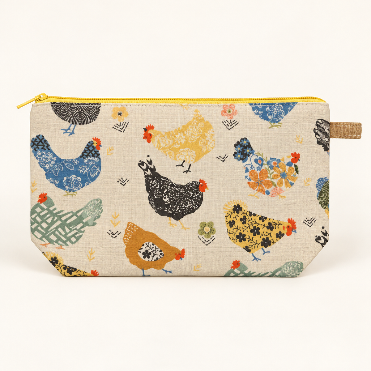 Hen Party chicken print cotton pouch with yellow zipper, flat view