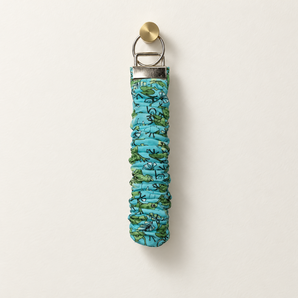 Hop to It frog and lily pad cotton scrunchie wristlet with silver hardware