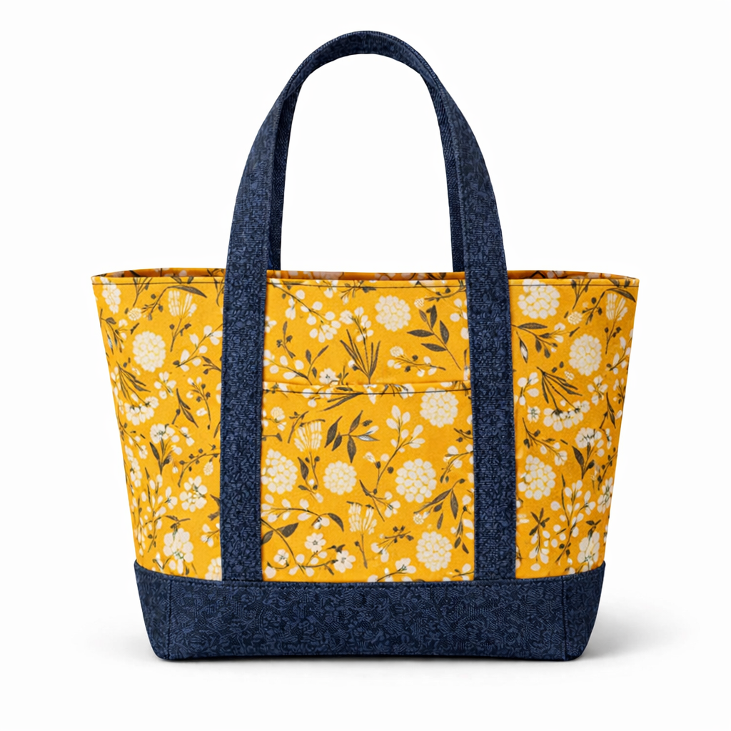 Tote bag with yellow floral pattern and blue accents on a white background