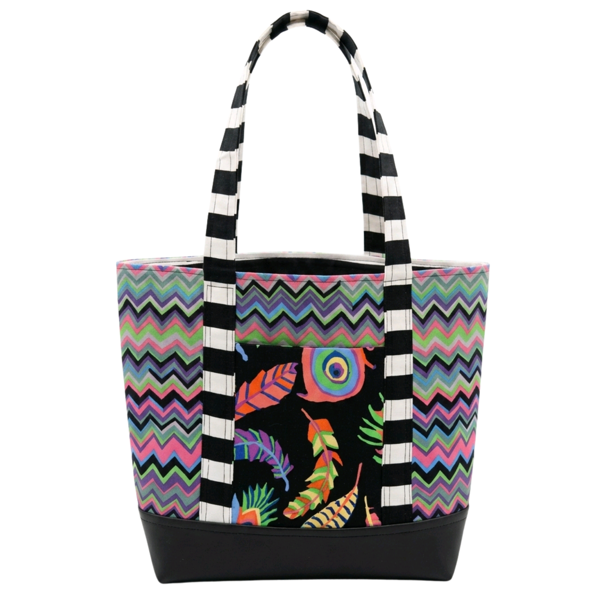 Handmade cotton tote bag with neon chevron pattern and black and white striped straps