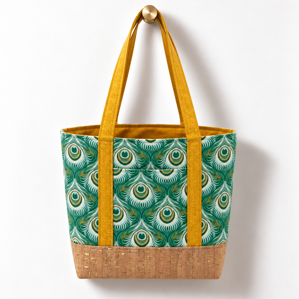 Handmade green peacock feather cotton tote with mustard handles and gold-flecked cork base hanging on a gold knob