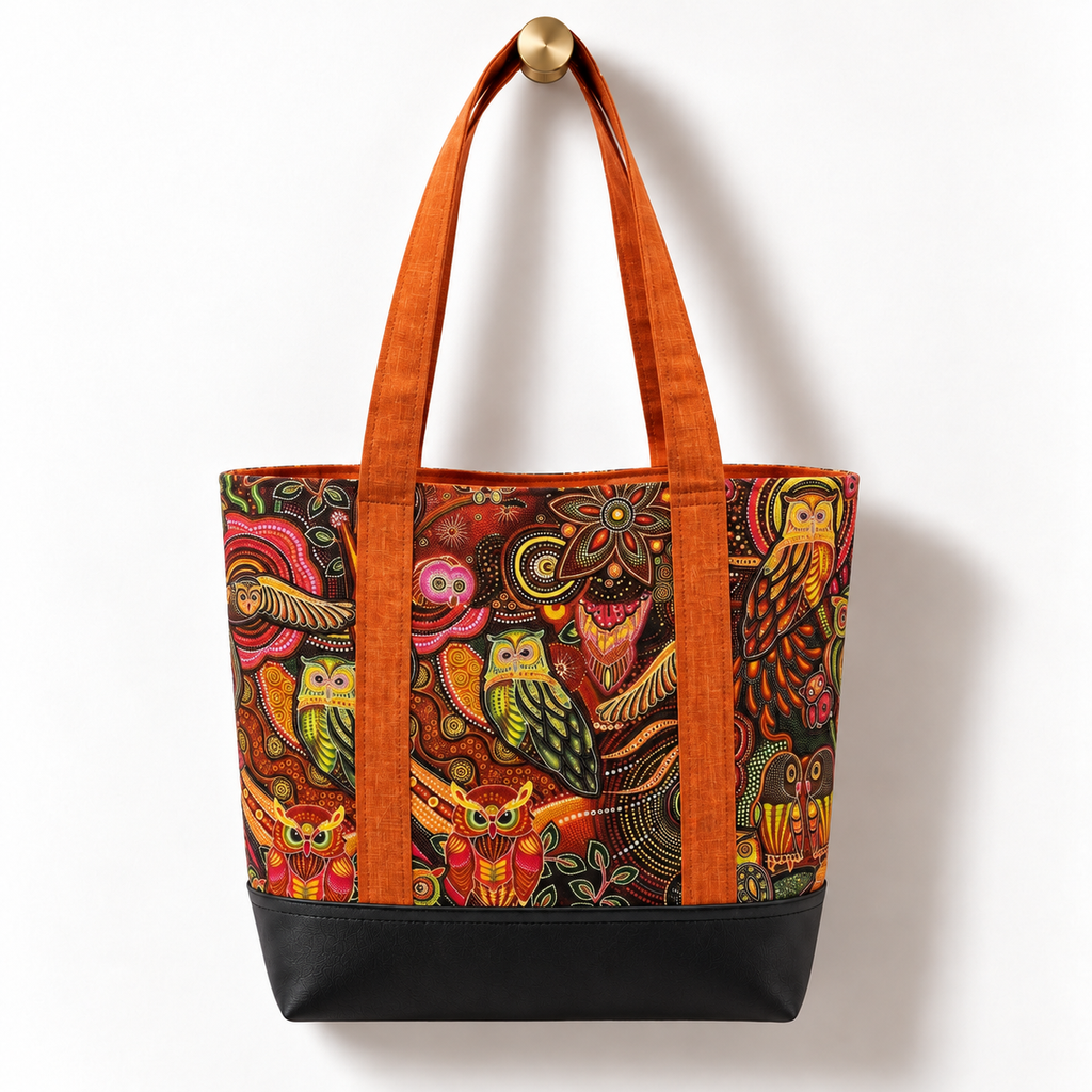 Handmade cotton tote bag with bohemian owl pattern in warm tones, burnt orange handles, and structured black base hanging on a gold knob