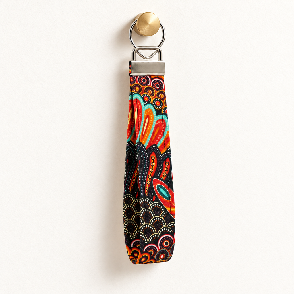 Off the Beaten Pattern – Fabric Wristlet Keychain hanging from a gold wall knob