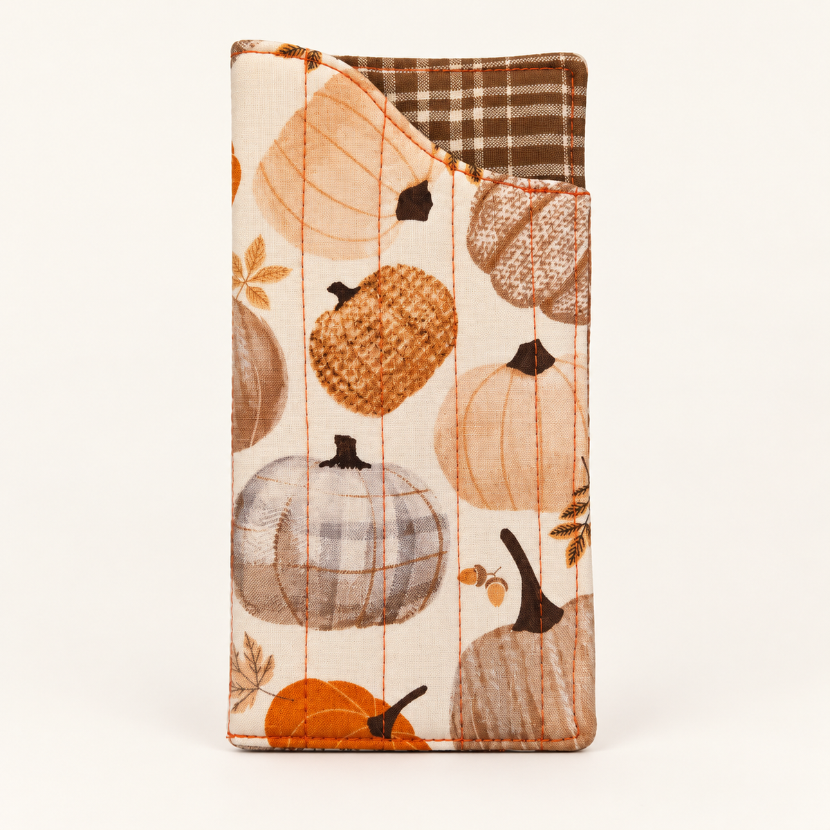 Oh My Gourd quilted glasses case with Brown Plaid lining