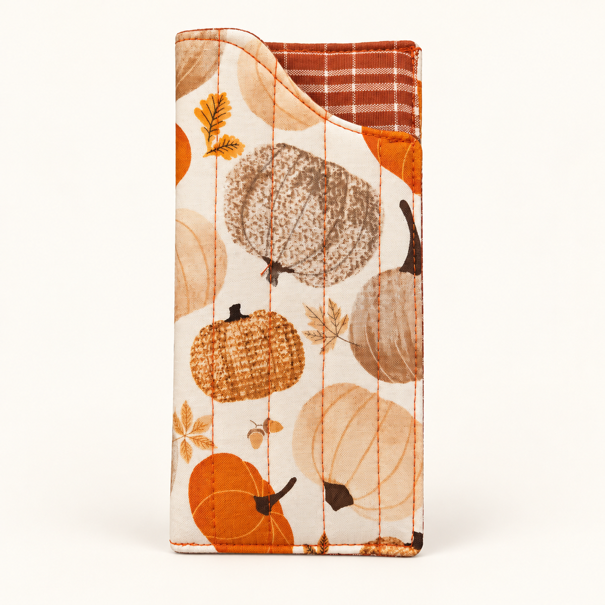 Oh My Gourd quilted glasses case with Rust Grid lining