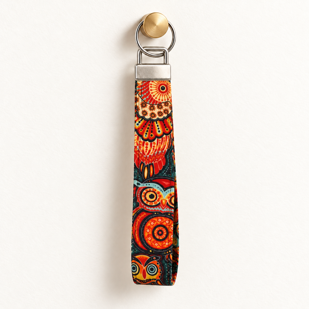 Owl About Green – Fabric Wristlet Keychain hanging from a gold wall knob
