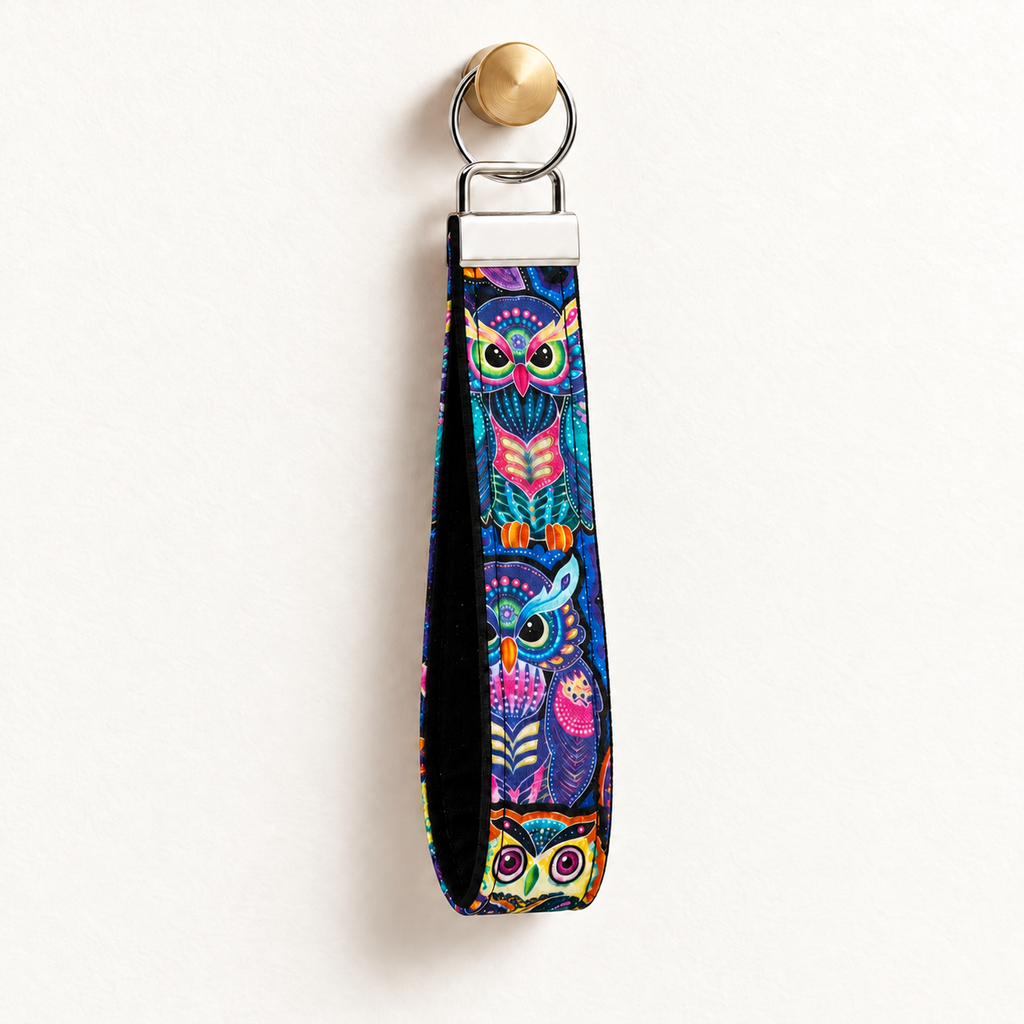 Owl Night Long – Fabric Wristlet Keychain hanging from a gold wall knob
