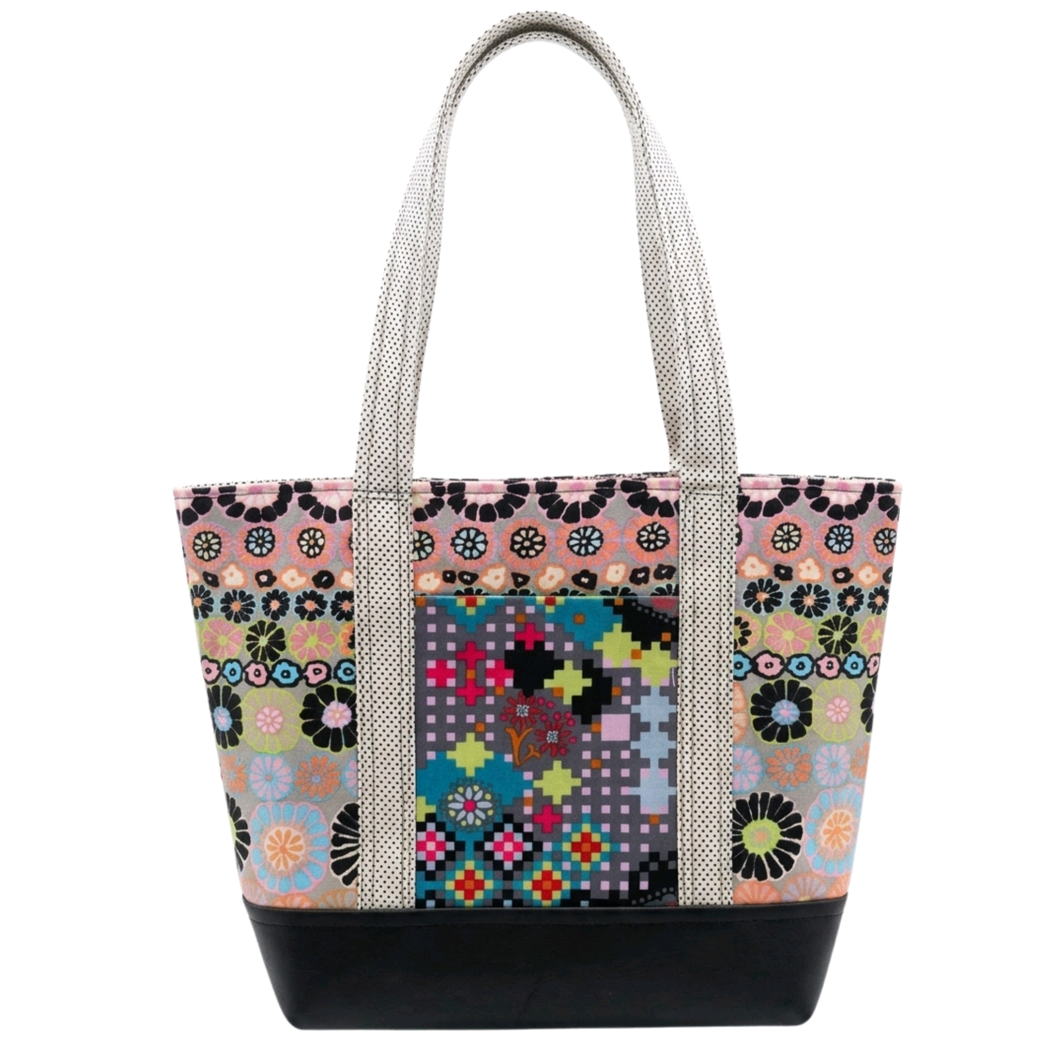Handmade cotton tote bag with pastel floral mosaic pattern and cream micro dot straps