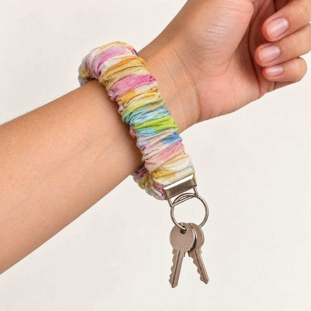 Pastel Parade pastel watercolor rainbow cotton scrunchie wristlet worn with keys