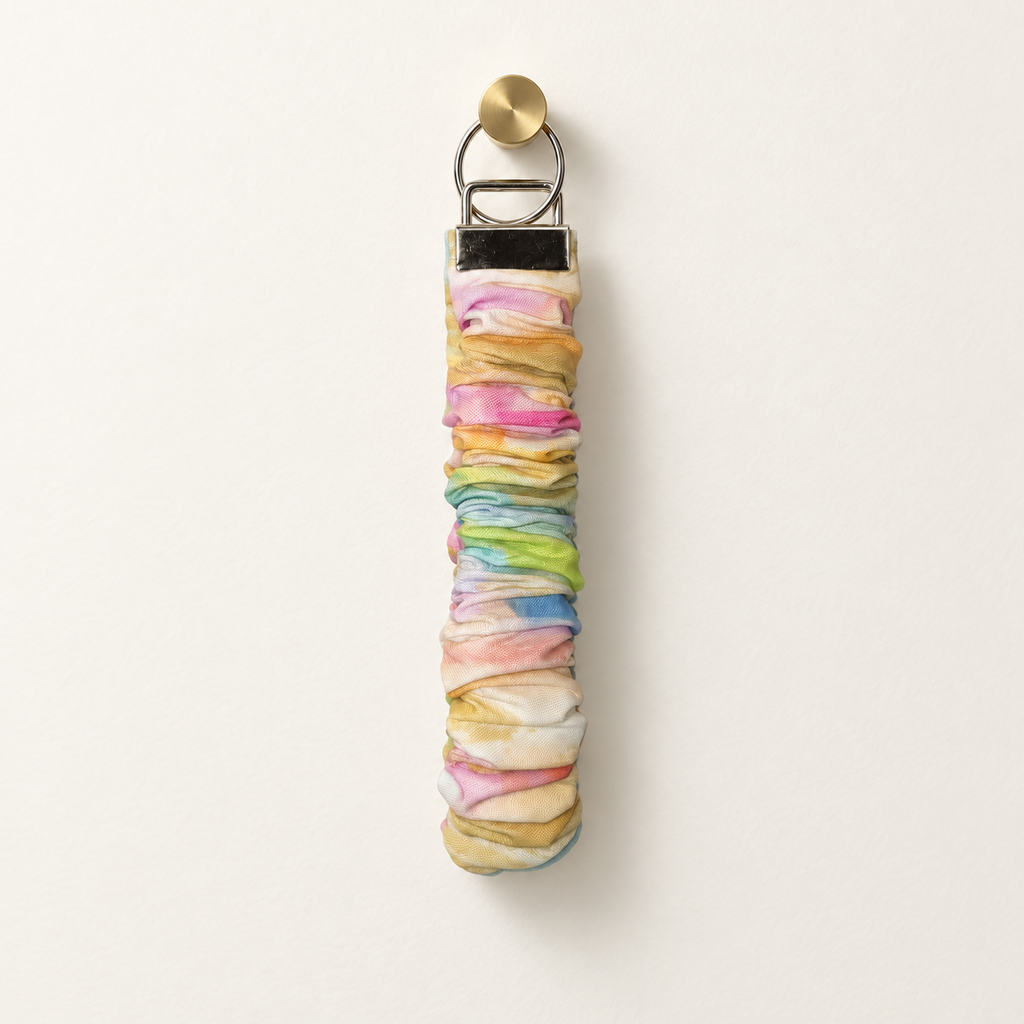 Pastel Parade pastel watercolor rainbow cotton scrunchie wristlet with silver hardware