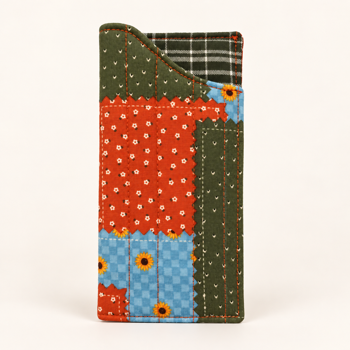 Patch Me If You Can quilted glasses case with Olive Plaid lining