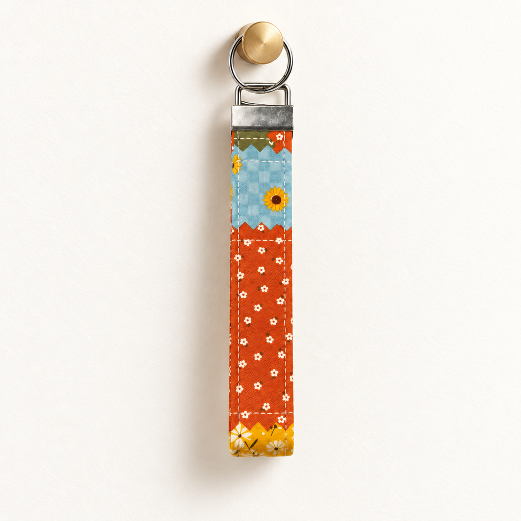 Patch Me Outside – Fabric Wristlet Keychain hanging from a gold wall knob