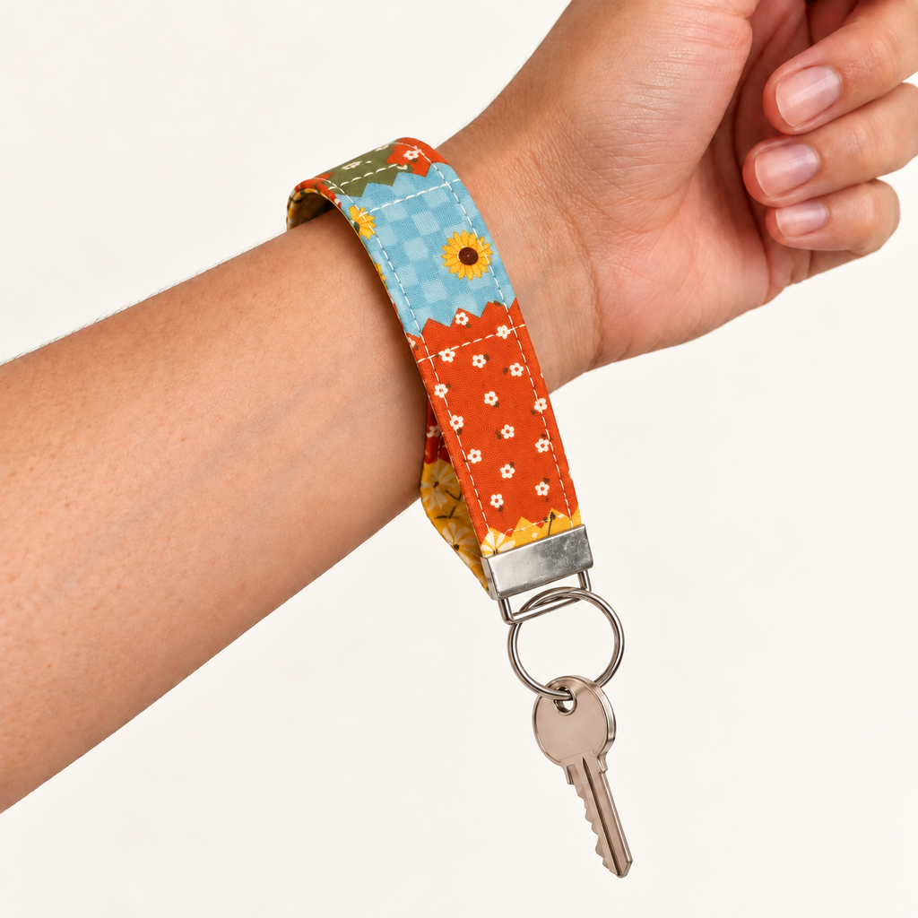 Patch Me Outside – Fabric Wristlet Keychain worn around a wrist with a key attached