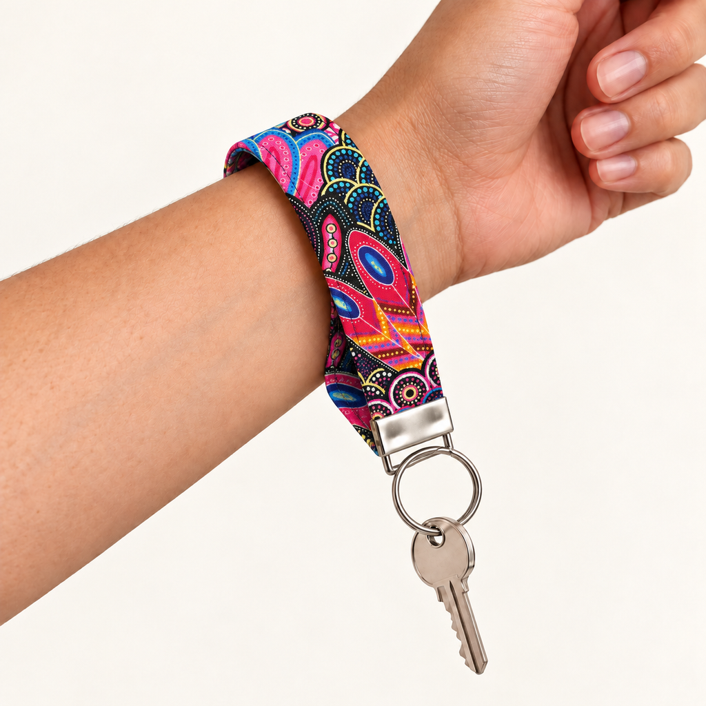 Pattern Behavior – Fabric Wristlet Keychain worn around a wrist with a key attached