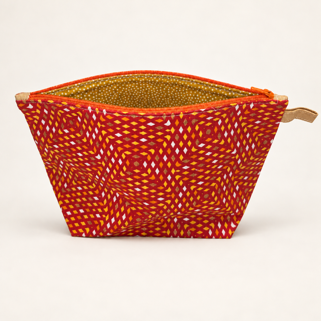 Pattern Behavior Studio Zipper Pouch standing open with mustard dotted lining