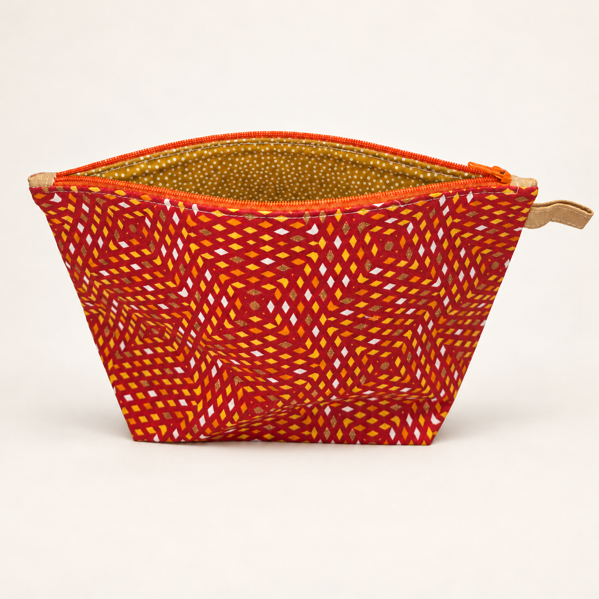 Pattern Behavior Studio Zipper Pouch standing open with mustard dotted lining