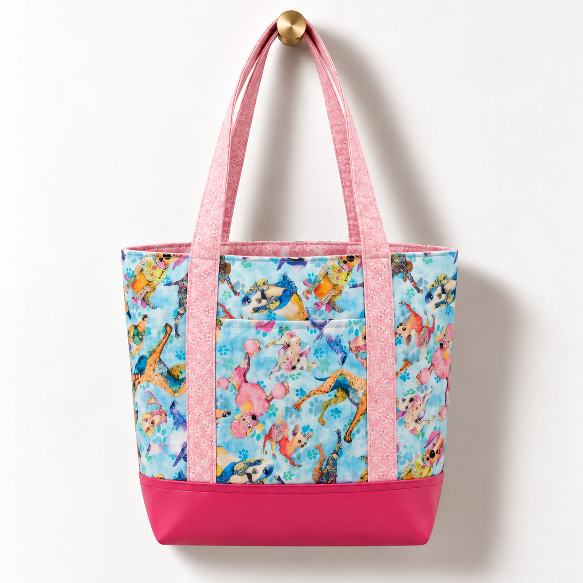 Pastel Watercolor Dogs Cotton Tote Bag – Hot Pink hanging on a gold knob