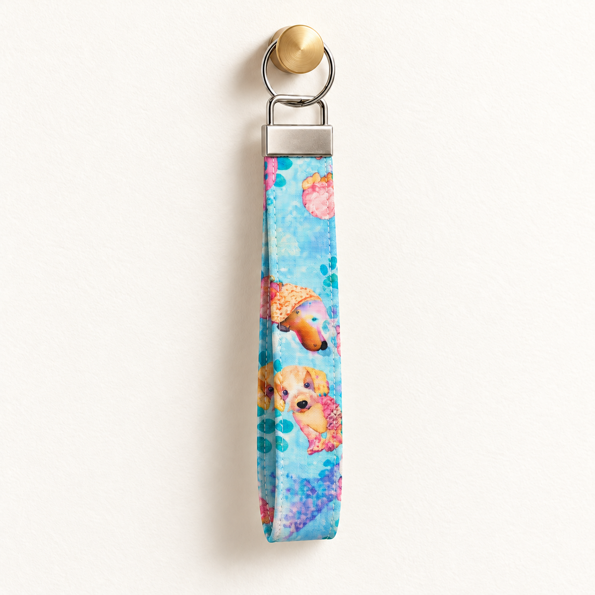 Paws in Color – Fabric Wristlet Keychain hanging from a gold wall knob