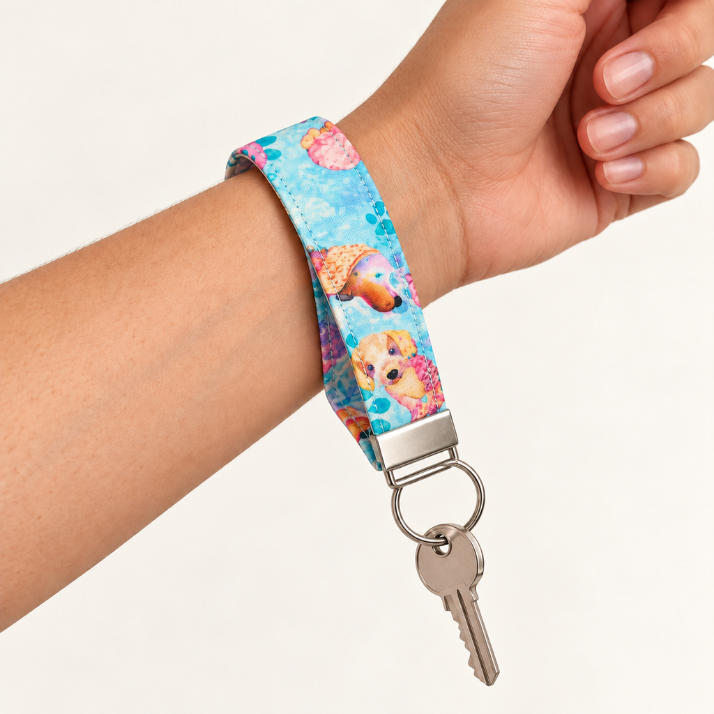 Paws in Color – Fabric Wristlet Keychain worn around a wrist with a key attached