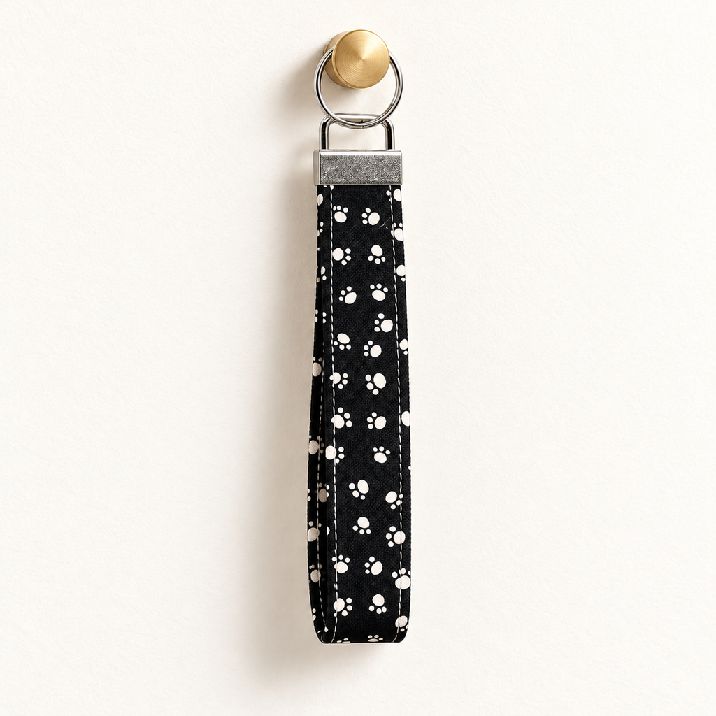 Paws Off – Fabric Wristlet Keychain hanging from a gold wall knob