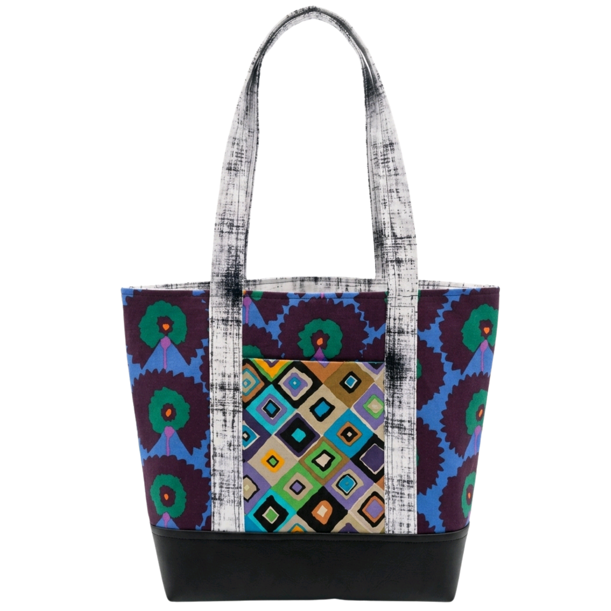 Handmade cotton tote bag with peacock floral pattern and textured black and white straps