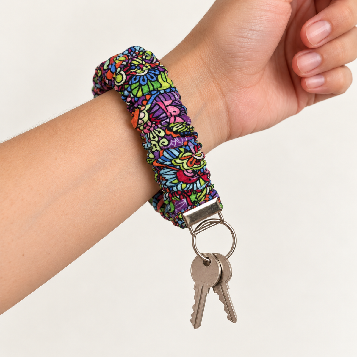 Petal Paisley paisley flowers cotton scrunchie wristlet worn with keys