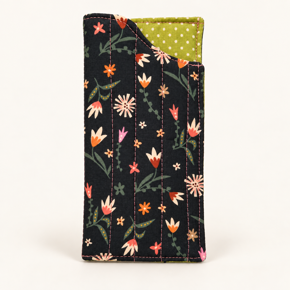 Petal to the Metal quilted glasses case with Lime Polka Dot lining