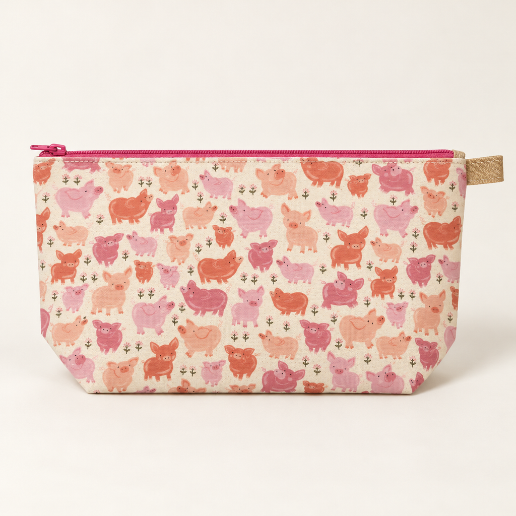 Pig Deal pink pig print cotton pouch with deep pink zipper, flat view