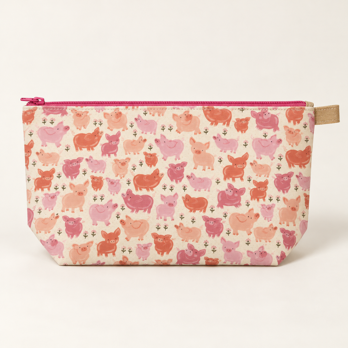 Pig Deal pink pig print cotton pouch with deep pink zipper, flat view