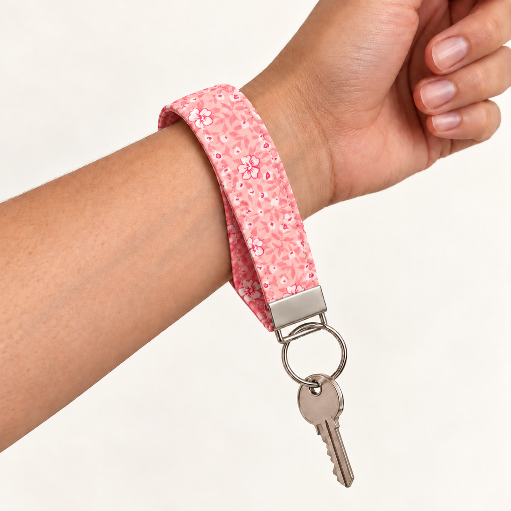 Pink Me Up wristlet worn around a wrist with a key attached