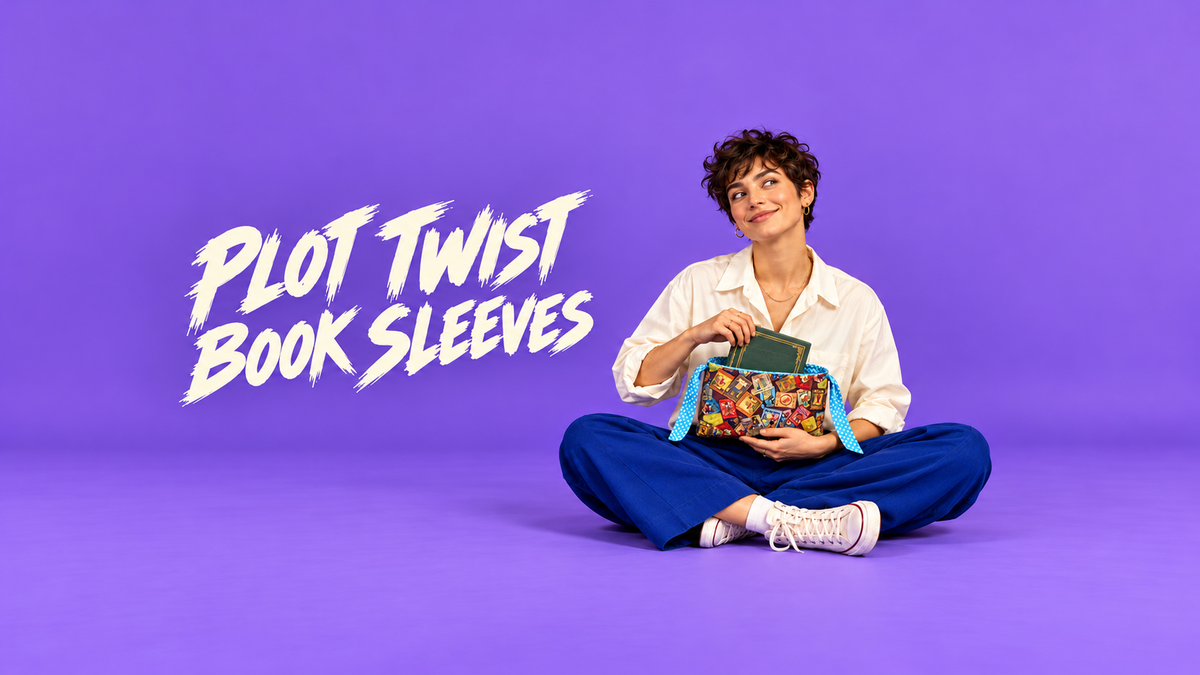 Model pulling a book from Once Upon a Twist book sleeve against a purple studio backdrop