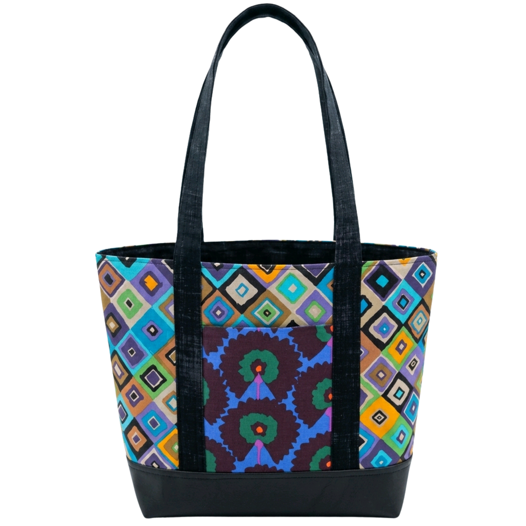 Handmade cotton tote bag with colorful retro diamond pattern and black straps