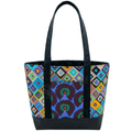 Handmade cotton tote bag with colorful retro diamond pattern and black straps
