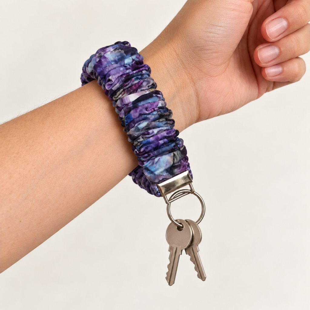 purple watercolor scrunchie wristlet worn on wrist with keys