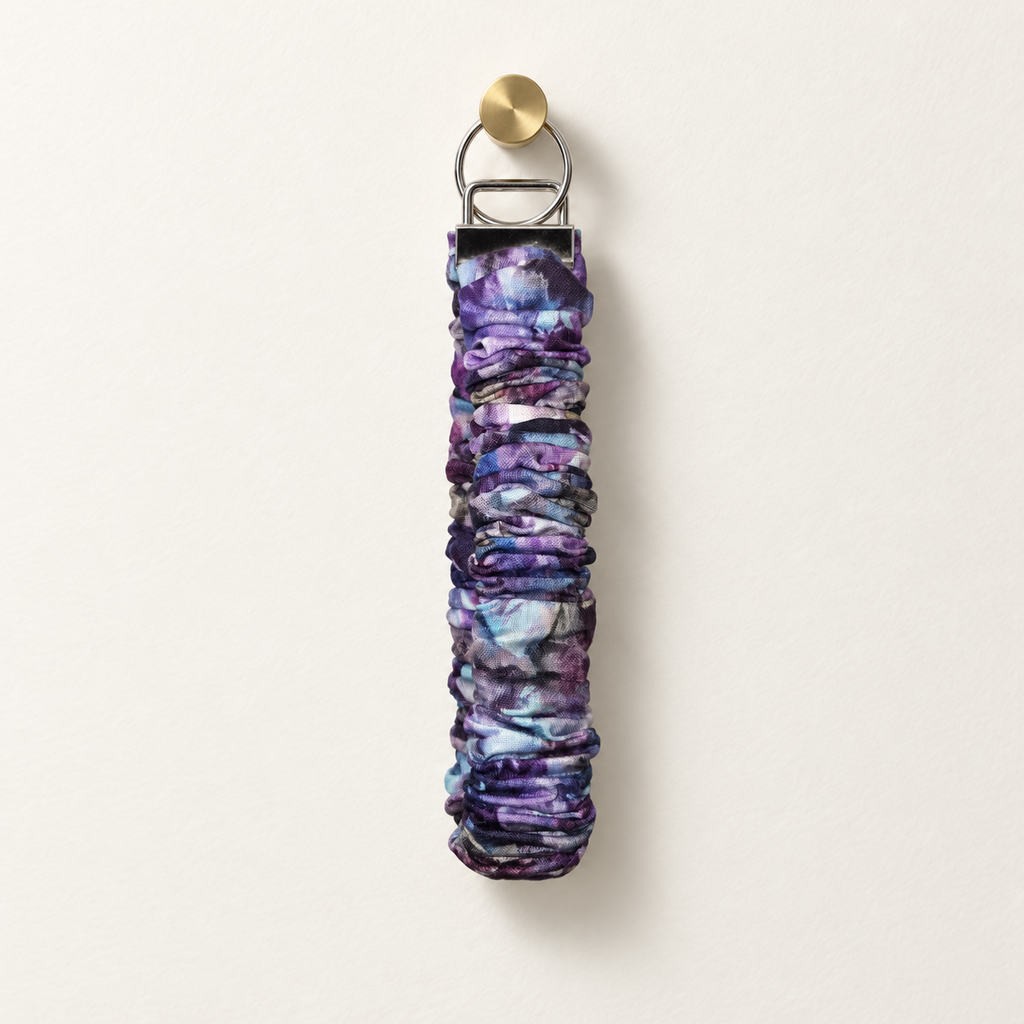 purple watercolor scrunchie wristlet with silver hardware