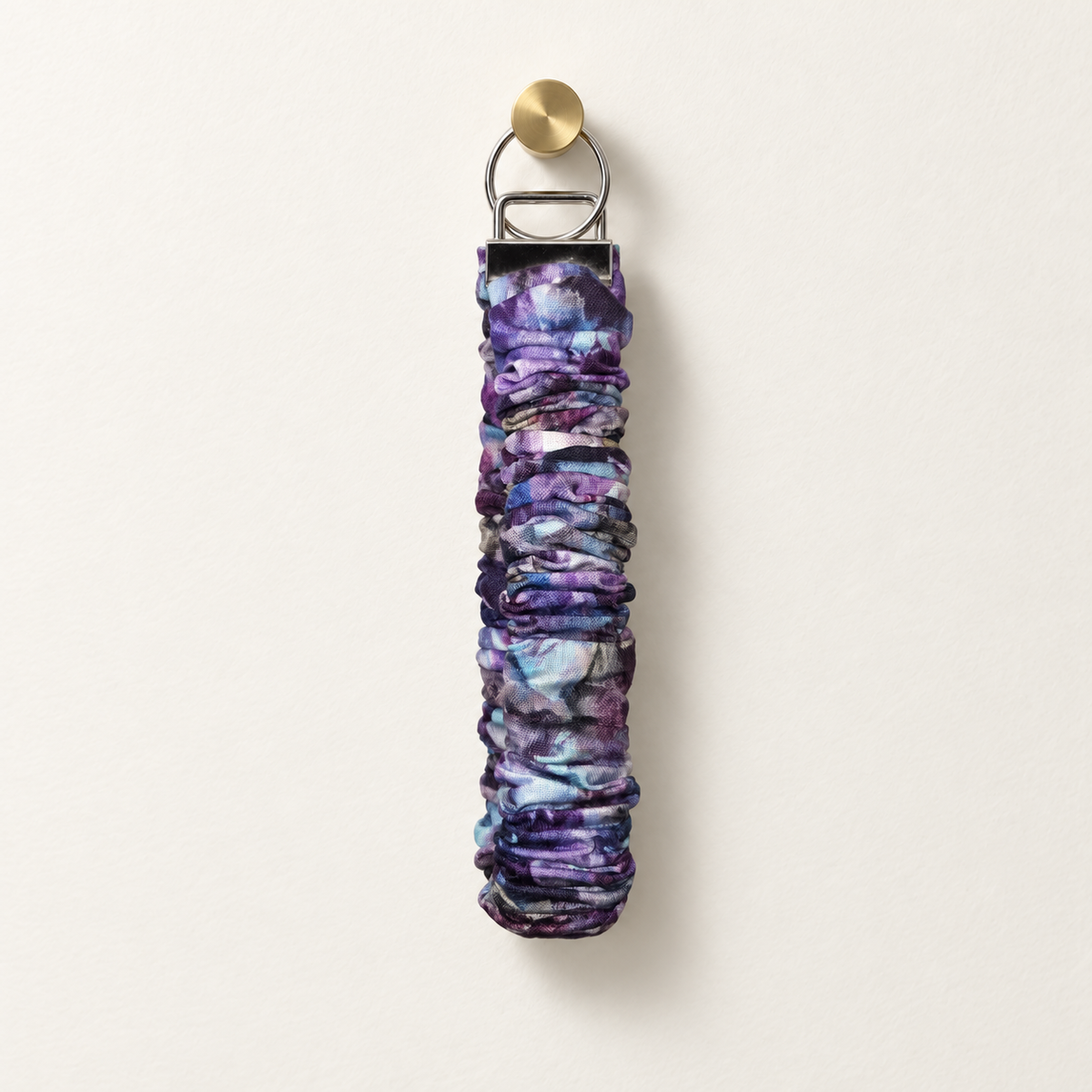 purple watercolor scrunchie wristlet with silver hardware