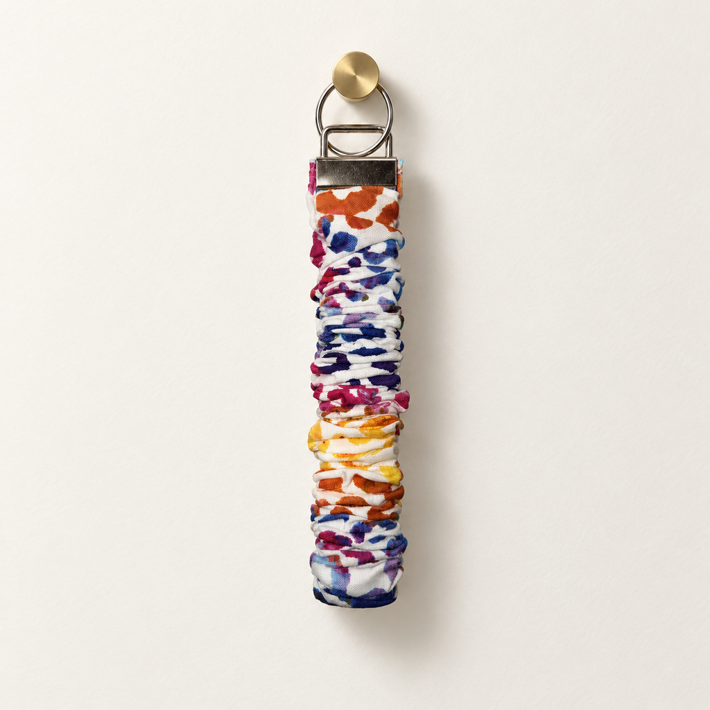 rainbow cheetah scrunchie wristlet with silver hardware