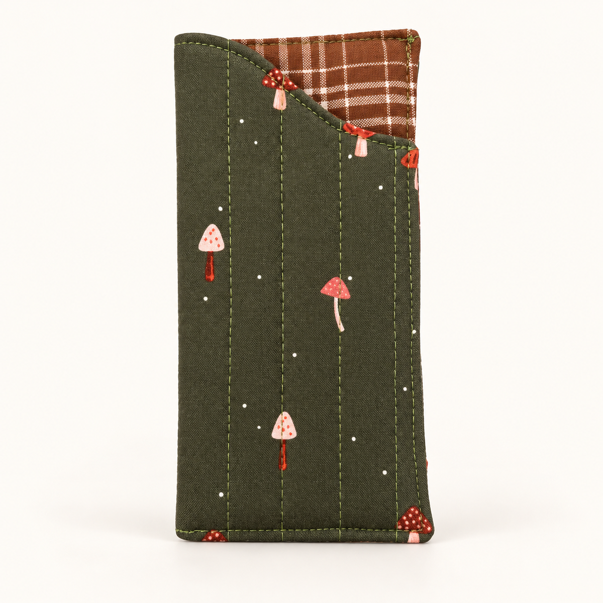 Shroom With a View quilted glasses case with Brown Plaid lining