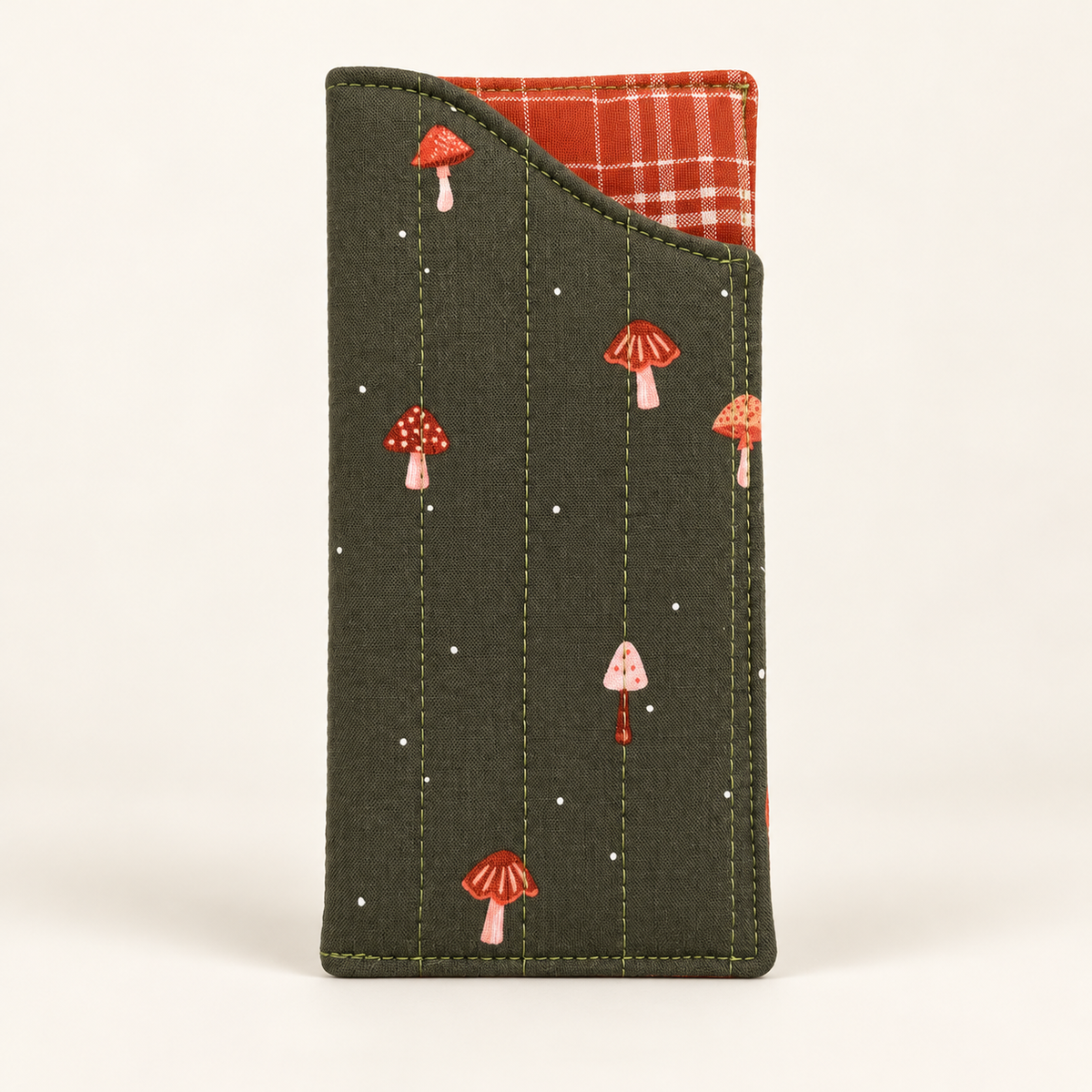 Shroom With a View quilted glasses case with Rust Plaid lining
