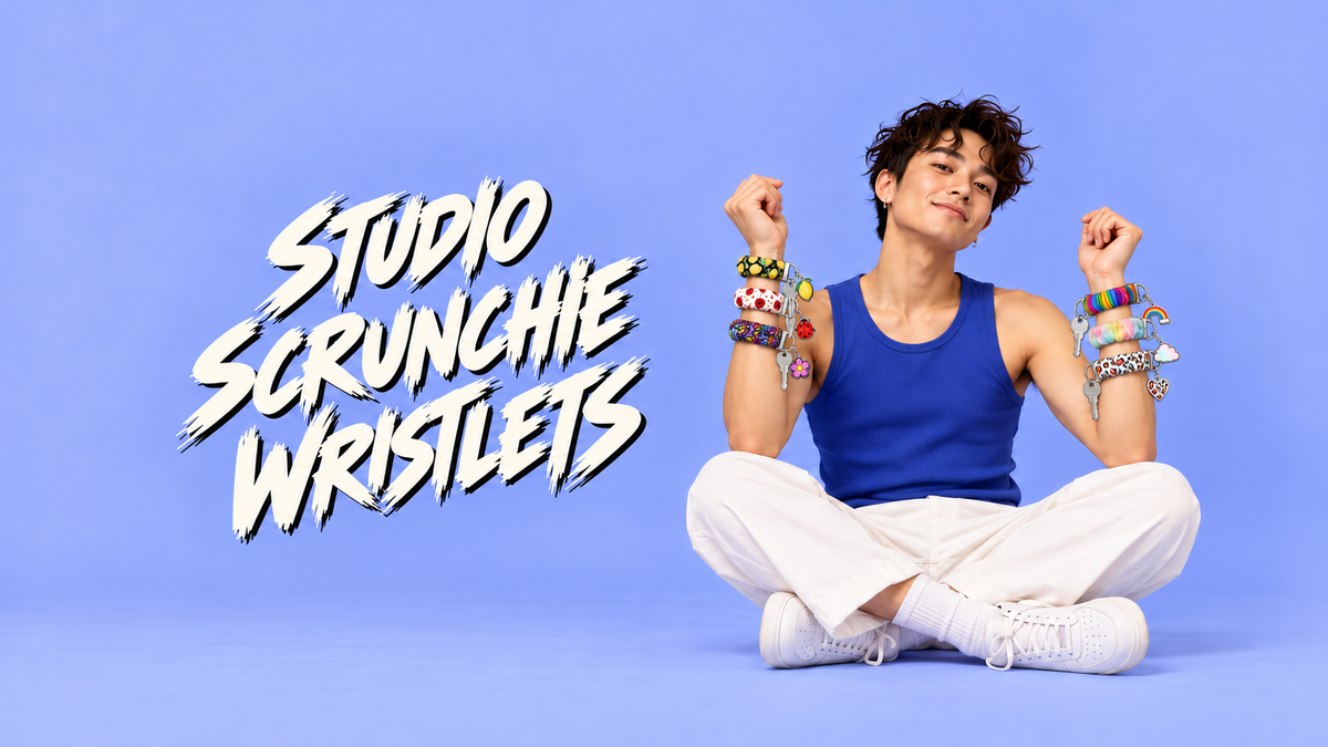 Studio Scrunchie Wristlets collection with model wearing six prints with keys and charms