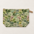 Succ It Up cotton studio zipper pouch laid flat, with green succulent print and cream zipper.