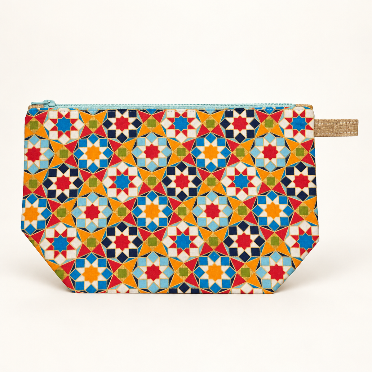Tile Me More geometric cotton pouch with pale aqua zipper, flat view