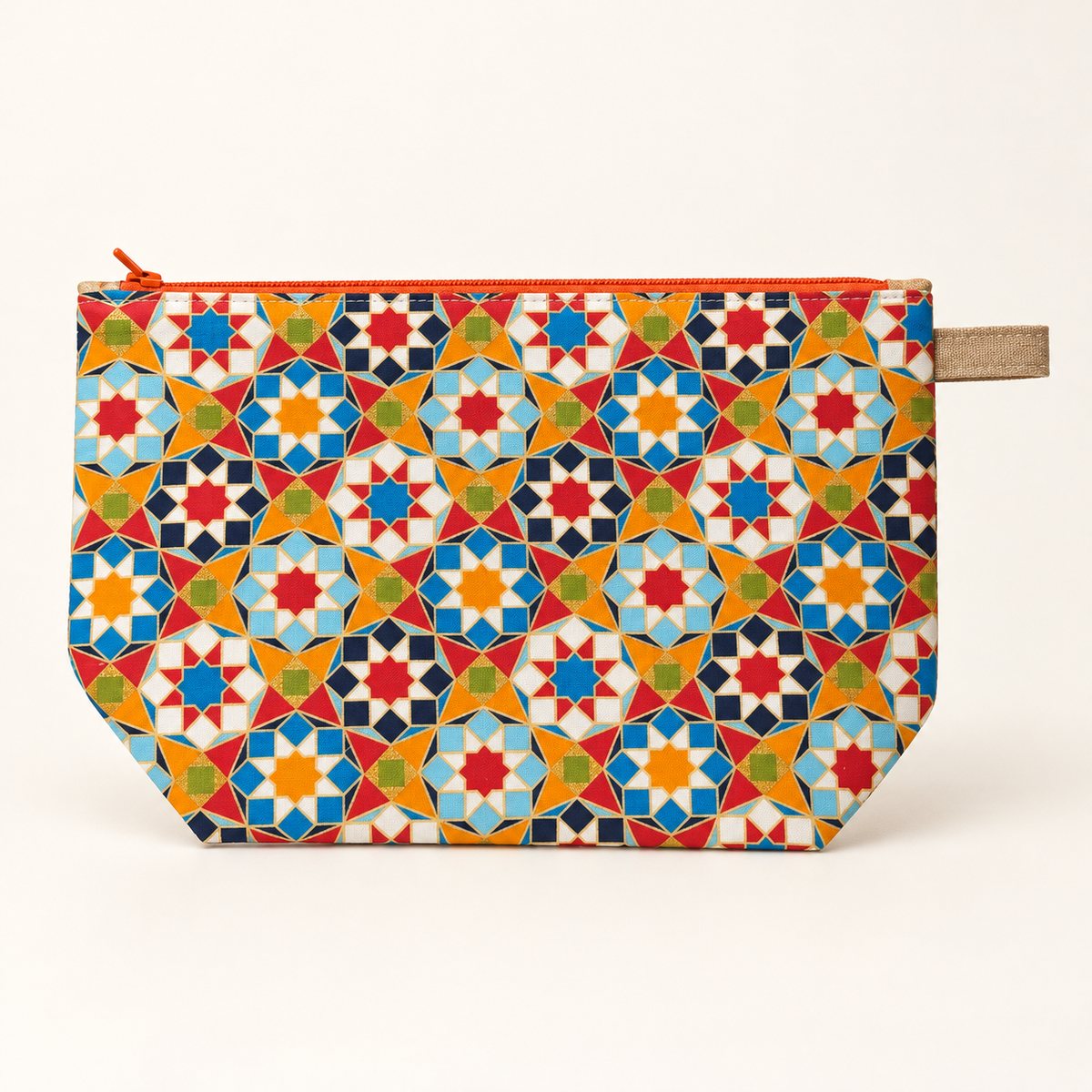 Tile Me More geometric cotton pouch with orange zipper, flat view