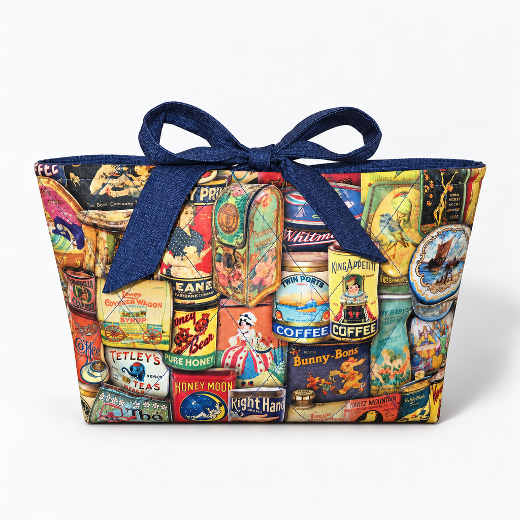 Tin the Mood book sleeve with rounded deep blue bow, front view