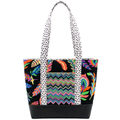 Handmade cotton tote bag with colorful tropical feather pattern and white dotted straps