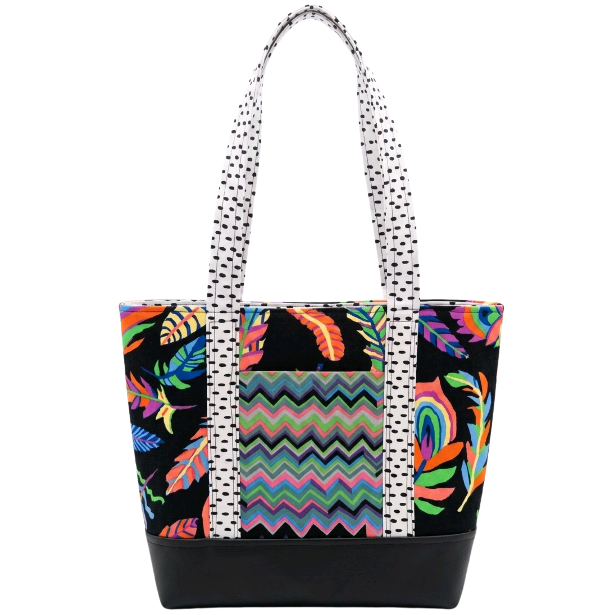 Handmade cotton tote bag with colorful tropical feather pattern and white dotted straps